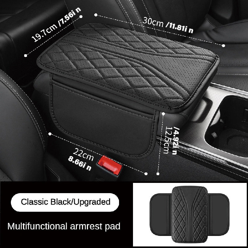 Luxurious PU Leather Car Armrest Cushion with Ventilation Holes, Side Pockets, and Ergonomic Design for Comfort and Organization.