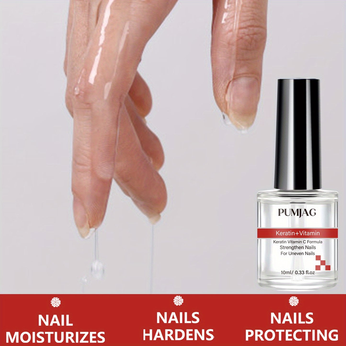 Strengthen nails with Keratin+Vitamin nail strengthener to prevent chipping and peeling. Enhance gloss and harden nails. Contains 10ml/0.33fl.oz.