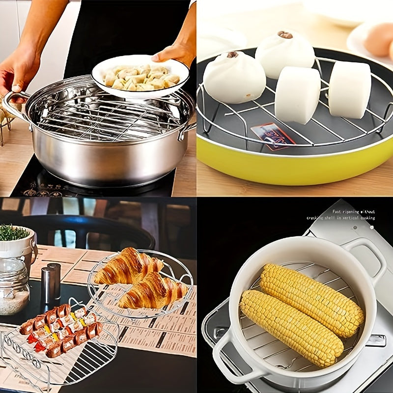 Durable and versatile stainless steel round steamer rack - A handy kitchen tool for steaming and cooking with an easy-to-clean design.