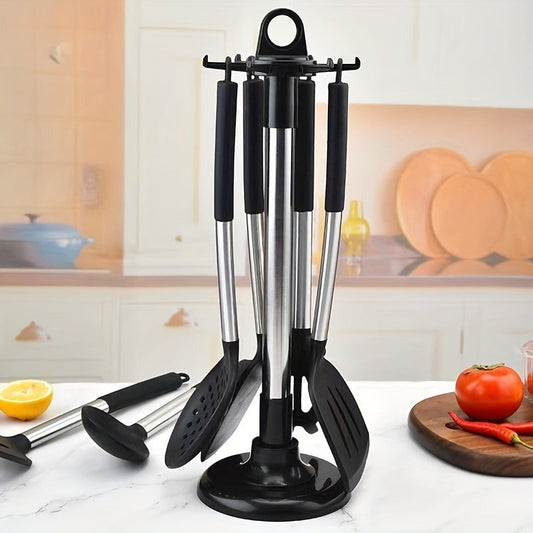 Effortless Installation - Space-Efficient Kitchen Utensil Holder with 6 Hooks, Rotates 360° - No Drilling Needed!