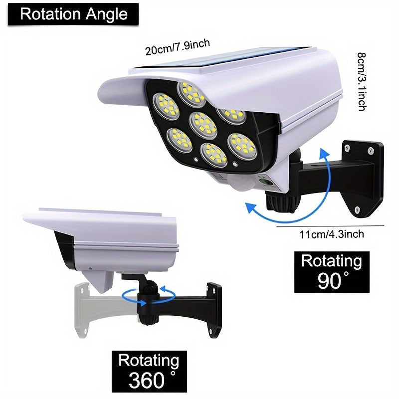 Solar-powered LED spotlight with motion sensor, 77 LEDs, remote control, weatherproof, ideal for porch, garden, patio, driveway. Includes built-in lithium battery, easy installation.