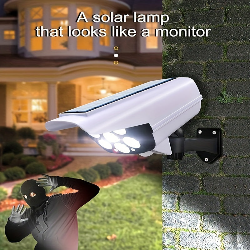 Solar-powered LED spotlight with motion sensor, 77 LEDs, remote control, weatherproof, ideal for porch, garden, patio, driveway. Includes built-in lithium battery, easy installation.