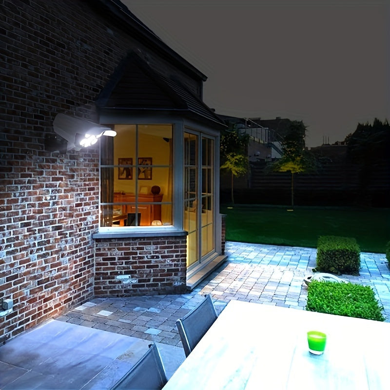 Solar-powered LED spotlight with motion sensor, 77 LEDs, remote control, weatherproof, ideal for porch, garden, patio, driveway. Includes built-in lithium battery, easy installation.