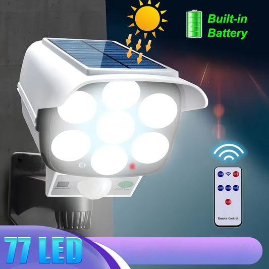 Solar-powered LED spotlight with motion sensor, 77 LEDs, remote control, weatherproof, ideal for porch, garden, patio, driveway. Includes built-in lithium battery, easy installation.