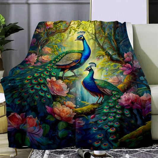 Indulgent Flannel Throw Blanket featuring a Stunning Peacock Pattern - Luxuriously Soft, Warm & Comfortable for Couch, Bed, Office, and Travel - A Versatile and Stylish Gift for All Seasons