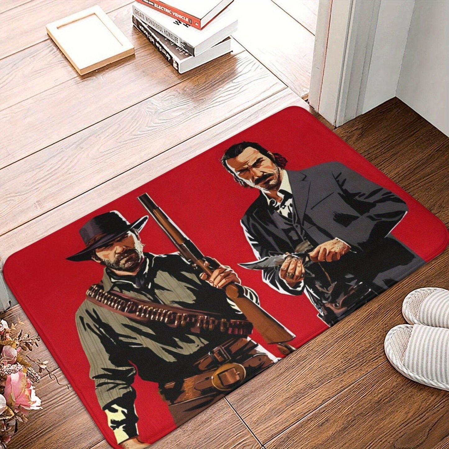 Rectangular polyester carpet featuring Arthur Morgan and Dutch Doormat characters. This balcony rug is machine washable, lightweight, and has a non-slip backing. Perfect for home decor in the bedroom, kitchen, or entryway.