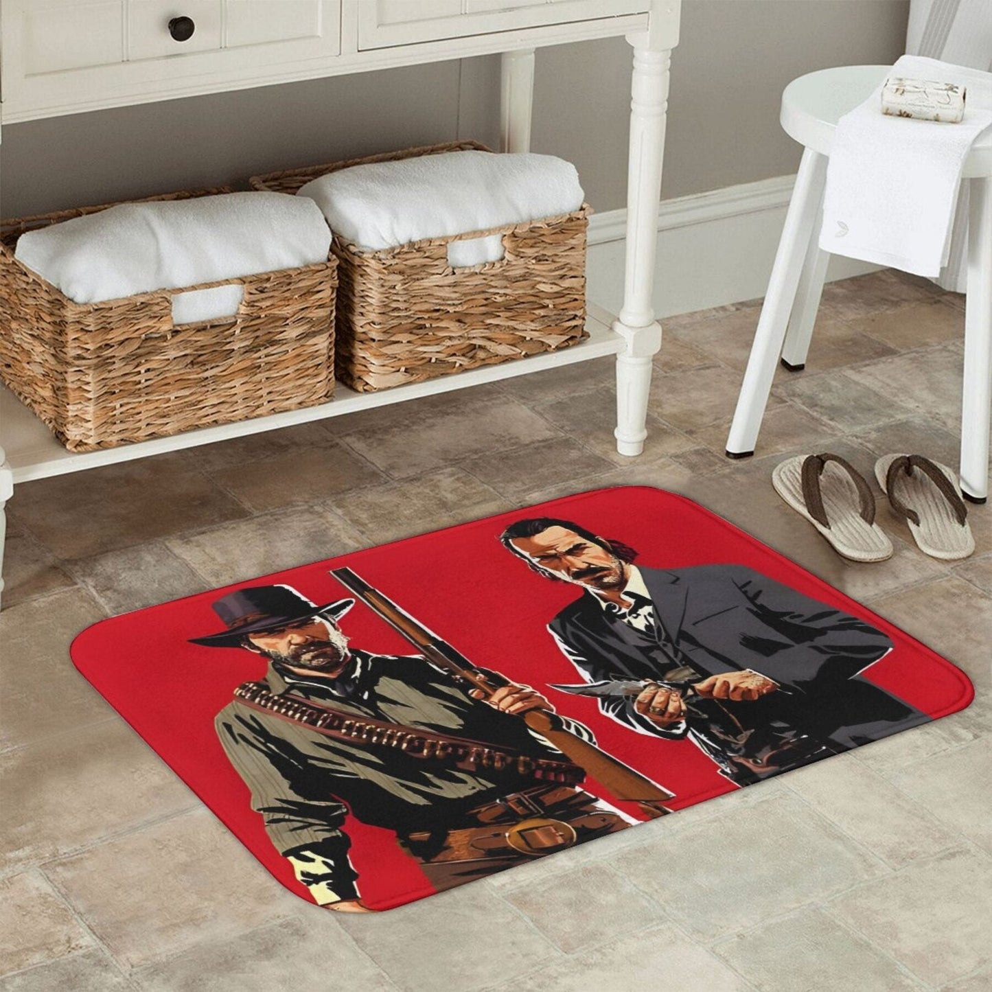 Rectangular polyester carpet featuring Arthur Morgan and Dutch Doormat characters. This balcony rug is machine washable, lightweight, and has a non-slip backing. Perfect for home decor in the bedroom, kitchen, or entryway.