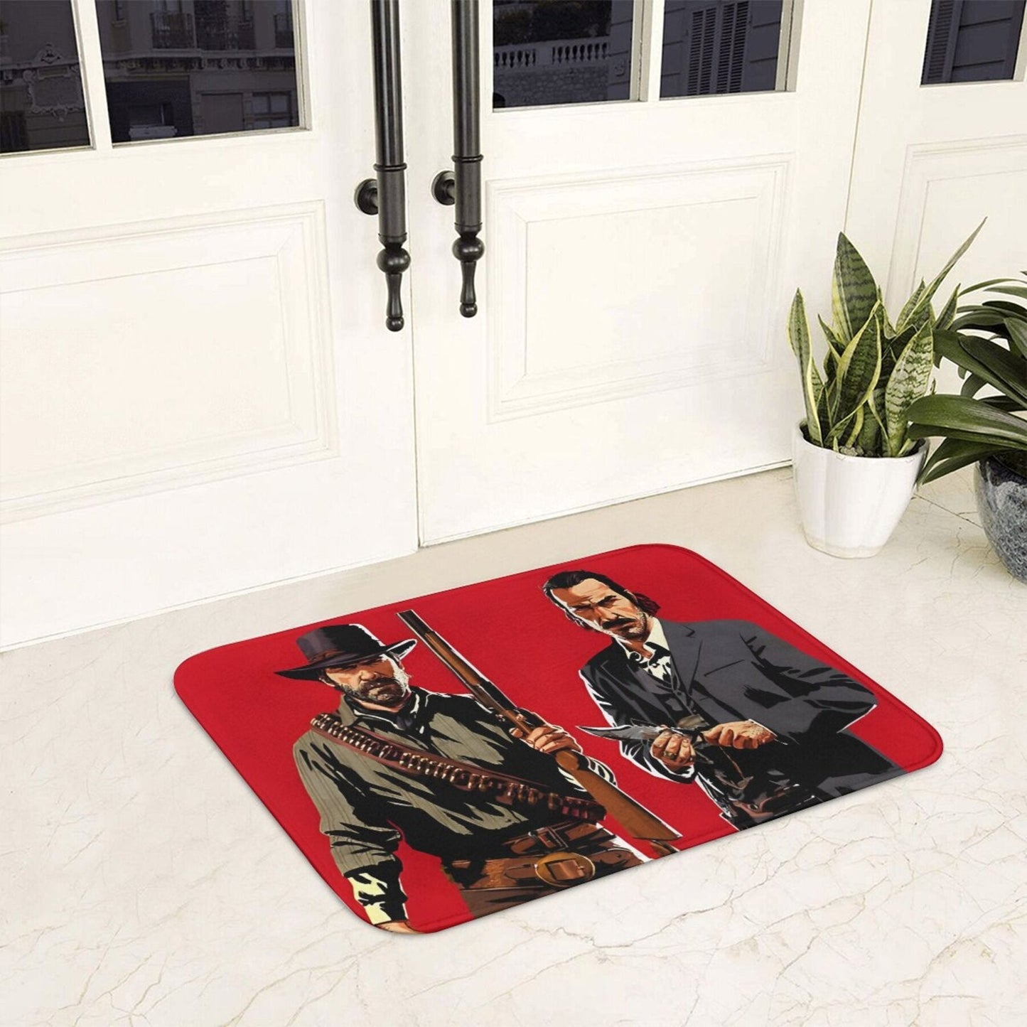 Rectangular polyester carpet featuring Arthur Morgan and Dutch Doormat characters. This balcony rug is machine washable, lightweight, and has a non-slip backing. Perfect for home decor in the bedroom, kitchen, or entryway.