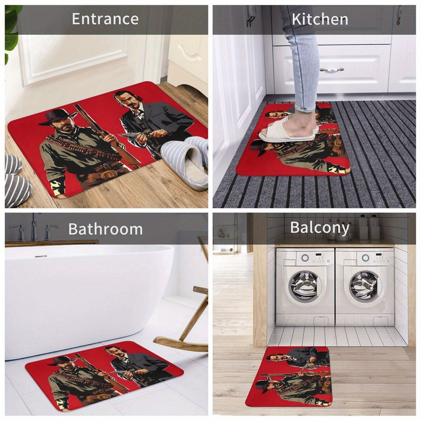 Rectangular polyester carpet featuring Arthur Morgan and Dutch Doormat characters. This balcony rug is machine washable, lightweight, and has a non-slip backing. Perfect for home decor in the bedroom, kitchen, or entryway.