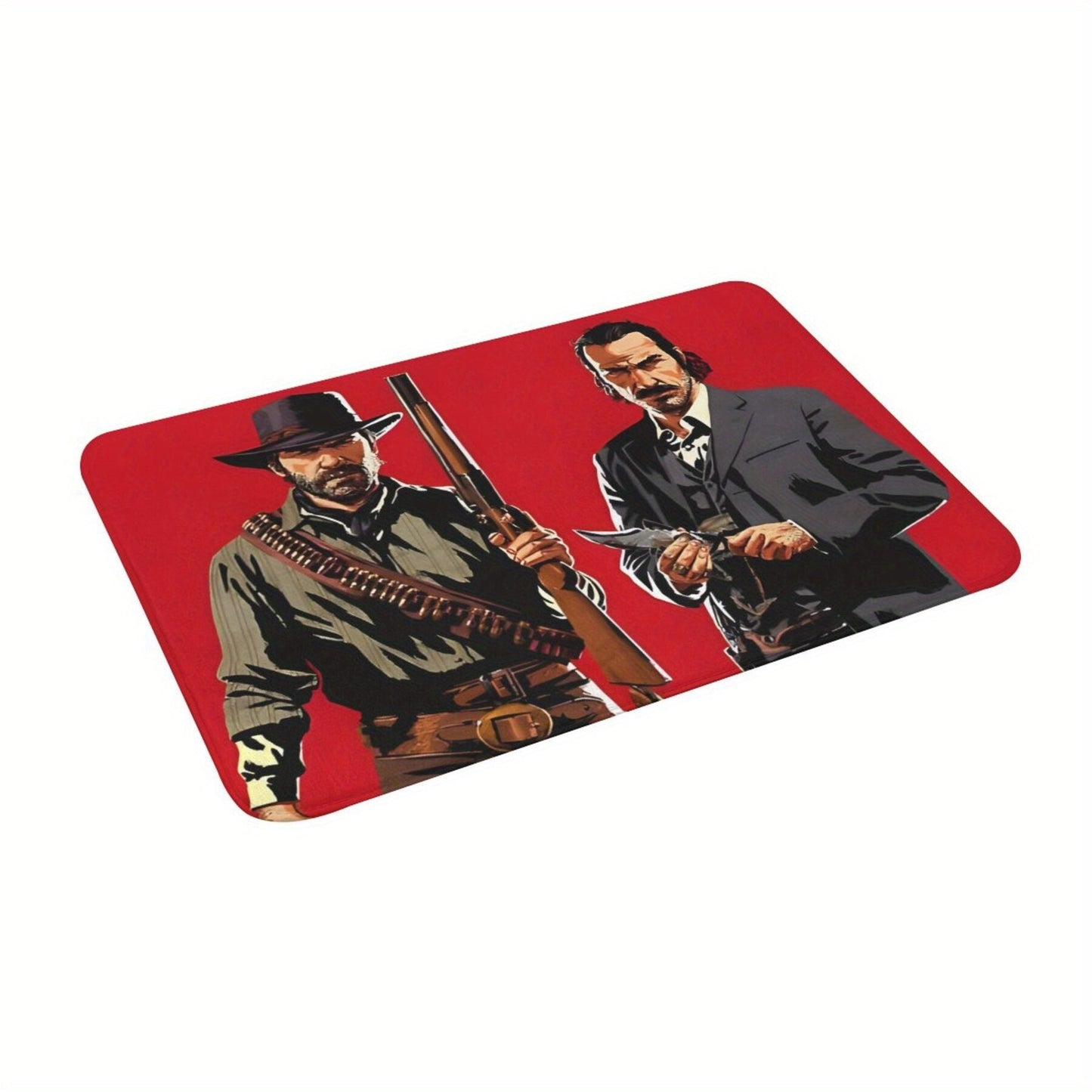 Rectangular polyester carpet featuring Arthur Morgan and Dutch Doormat characters. This balcony rug is machine washable, lightweight, and has a non-slip backing. Perfect for home decor in the bedroom, kitchen, or entryway.