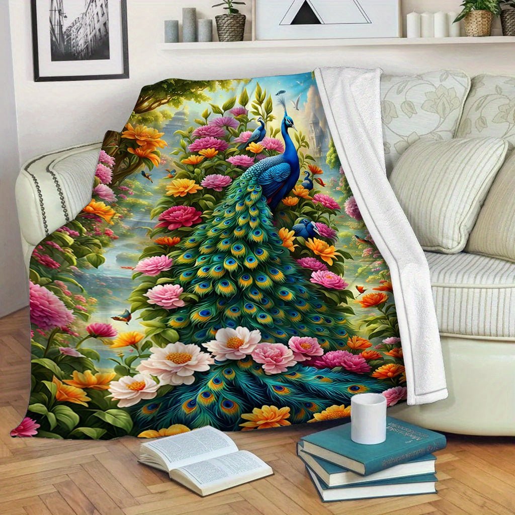 Soft and Lightweight Polyester Flannel Blanket with Contemporary Peacock Digital Print - Perfect for Sofa, Bed, Travel, Camping, Office, and Living Room Use - Machine Washable and Suitable for All Seasons