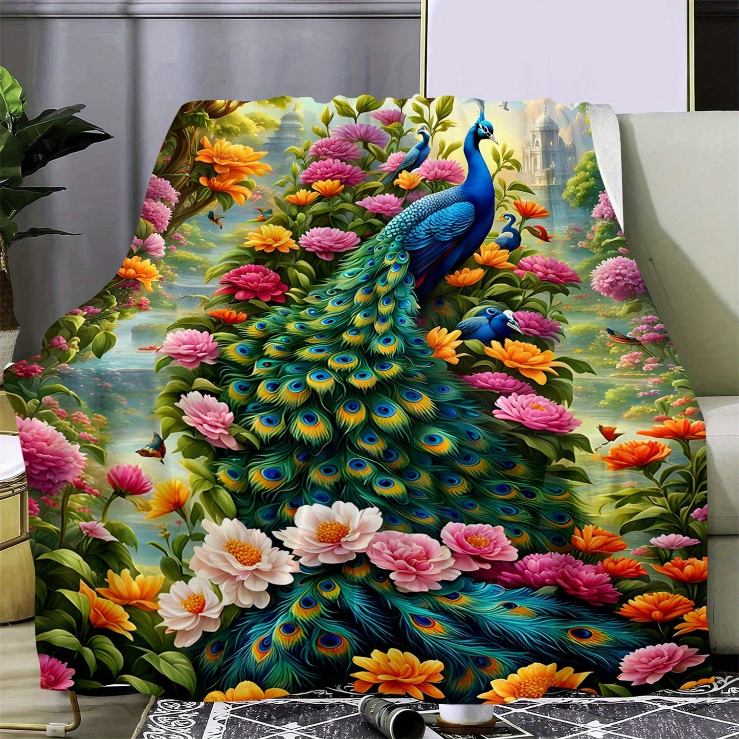 Soft and Lightweight Polyester Flannel Blanket with Contemporary Peacock Digital Print - Perfect for Sofa, Bed, Travel, Camping, Office, and Living Room Use - Machine Washable and Suitable for All Seasons