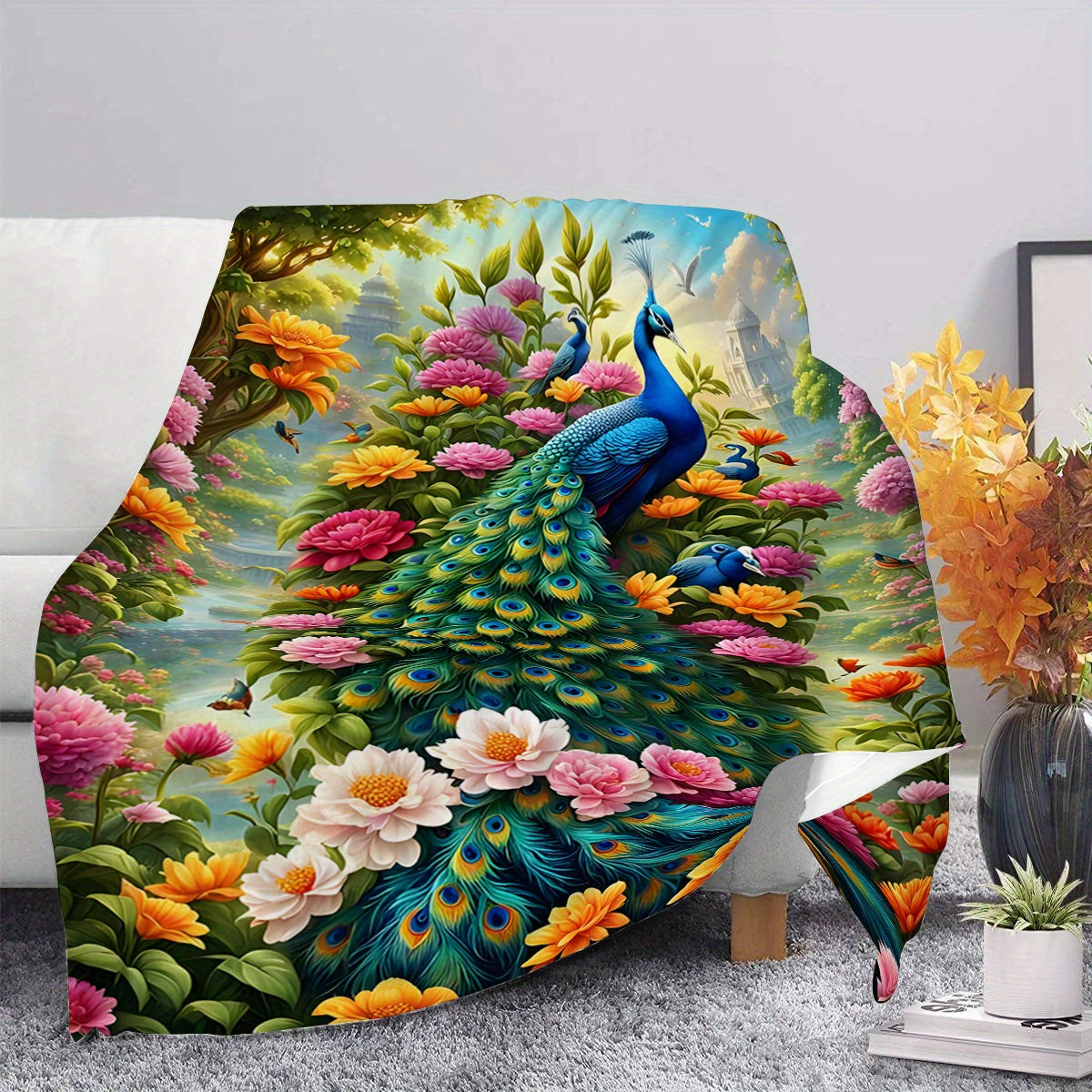 Soft and Lightweight Polyester Flannel Blanket with Contemporary Peacock Digital Print - Perfect for Sofa, Bed, Travel, Camping, Office, and Living Room Use - Machine Washable and Suitable for All Seasons