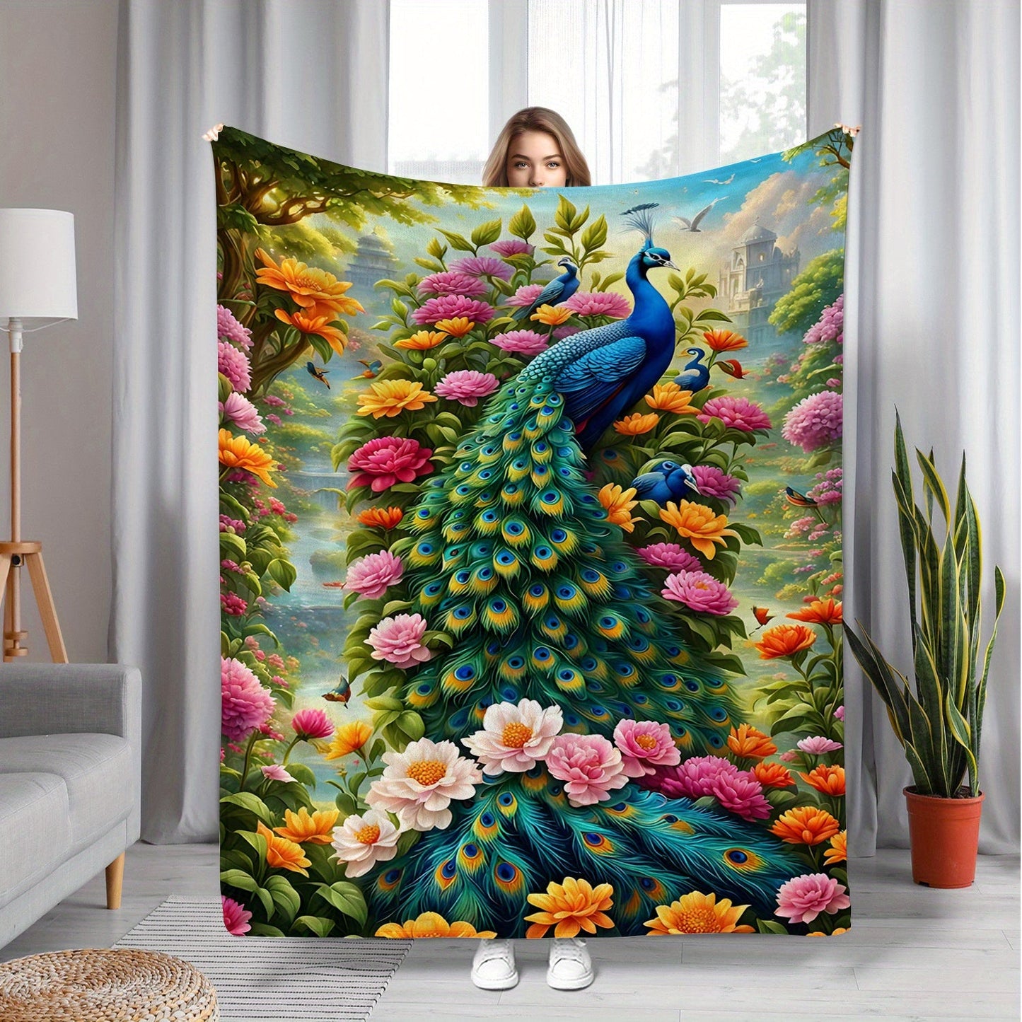 Soft and Lightweight Polyester Flannel Blanket with Contemporary Peacock Digital Print - Perfect for Sofa, Bed, Travel, Camping, Office, and Living Room Use - Machine Washable and Suitable for All Seasons