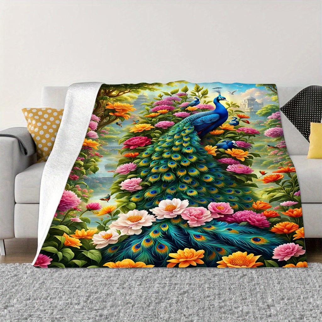 Soft and Lightweight Polyester Flannel Blanket with Contemporary Peacock Digital Print - Perfect for Sofa, Bed, Travel, Camping, Office, and Living Room Use - Machine Washable and Suitable for All Seasons