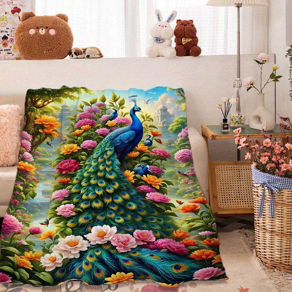 Soft and Lightweight Polyester Flannel Blanket with Contemporary Peacock Digital Print - Perfect for Sofa, Bed, Travel, Camping, Office, and Living Room Use - Machine Washable and Suitable for All Seasons