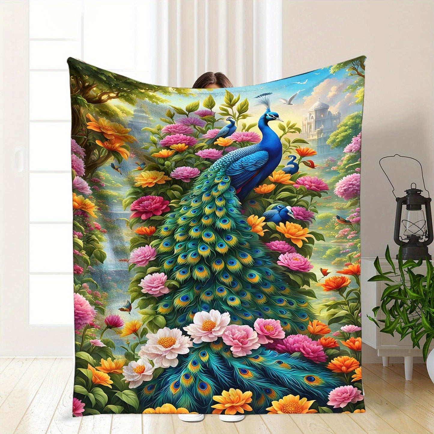 Soft and Lightweight Polyester Flannel Blanket with Contemporary Peacock Digital Print - Perfect for Sofa, Bed, Travel, Camping, Office, and Living Room Use - Machine Washable and Suitable for All Seasons