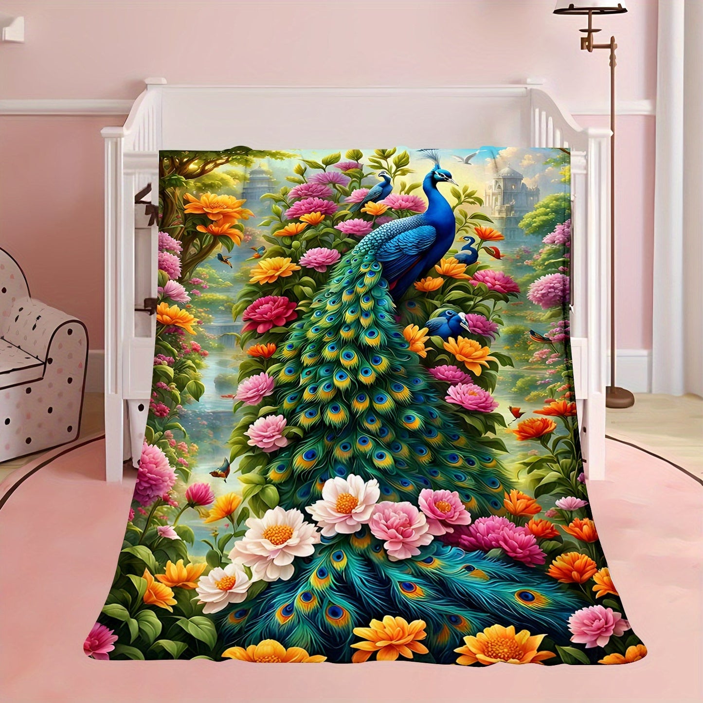 Soft and Lightweight Polyester Flannel Blanket with Contemporary Peacock Digital Print - Perfect for Sofa, Bed, Travel, Camping, Office, and Living Room Use - Machine Washable and Suitable for All Seasons