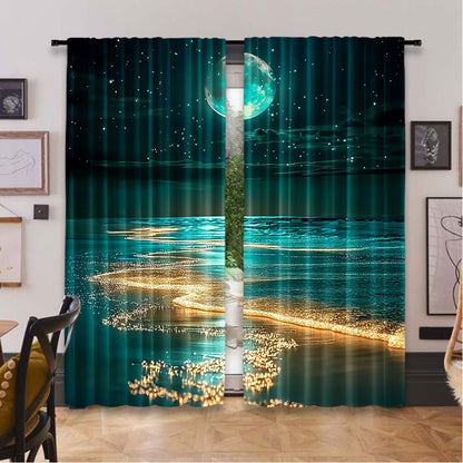 Modern Moonlit Beach Scene Blackout Curtains - 2Pcs Set, Polyester material, Rod Pocket Hanging, Machine Washable, Landscape Theme - available in three sizes: 75.01x165.99cm, 105.0x230.0cm