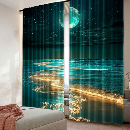 Modern Moonlit Beach Scene Blackout Curtains - 2Pcs Set, Polyester material, Rod Pocket Hanging, Machine Washable, Landscape Theme - available in three sizes: 75.01x165.99cm, 105.0x230.0cm