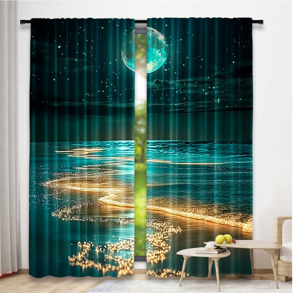 Modern Moonlit Beach Scene Blackout Curtains - 2Pcs Set, Polyester material, Rod Pocket Hanging, Machine Washable, Landscape Theme - available in three sizes: 75.01x165.99cm, 105.0x230.0cm