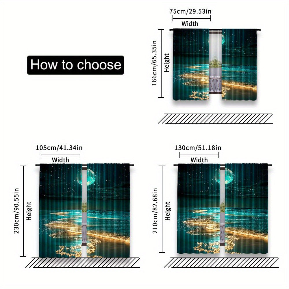 Современные занавески для blackout с изображением пляжа при луне - комплект из 2 штук, полиэстер, карман для штанги, можно стирать в машине, тема пейзажа - доступны в трех размерах: 75,01x165,99 см, 105,0x230,0 см