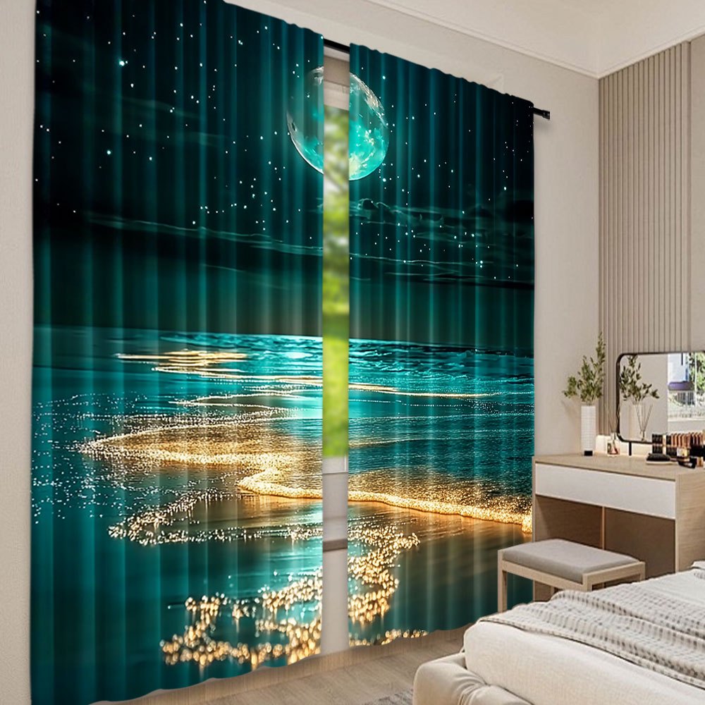 Modern Moonlit Beach Scene Blackout Curtains - 2Pcs Set, Polyester material, Rod Pocket Hanging, Machine Washable, Landscape Theme - available in three sizes: 75.01x165.99cm, 105.0x230.0cm