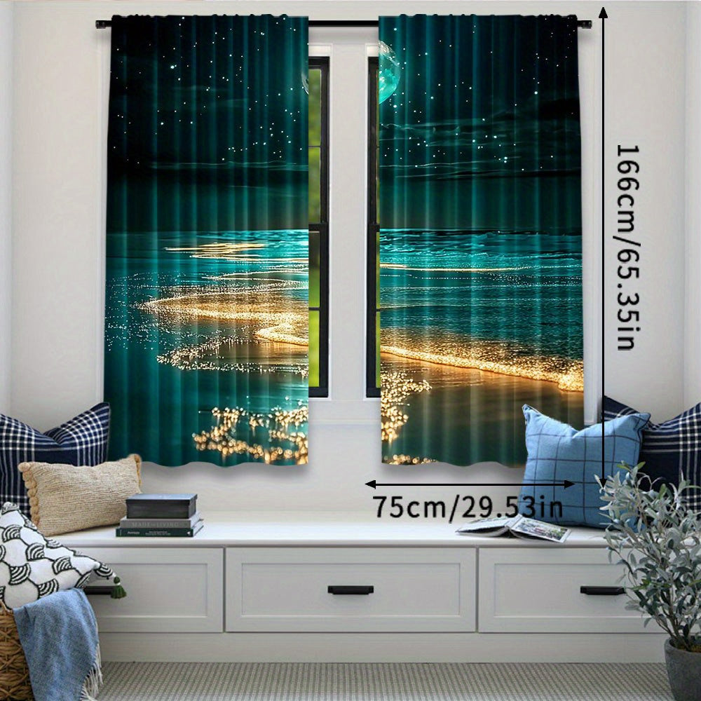 Modern Moonlit Beach Scene Blackout Curtains - 2Pcs Set, Polyester material, Rod Pocket Hanging, Machine Washable, Landscape Theme - available in three sizes: 75.01x165.99cm, 105.0x230.0cm