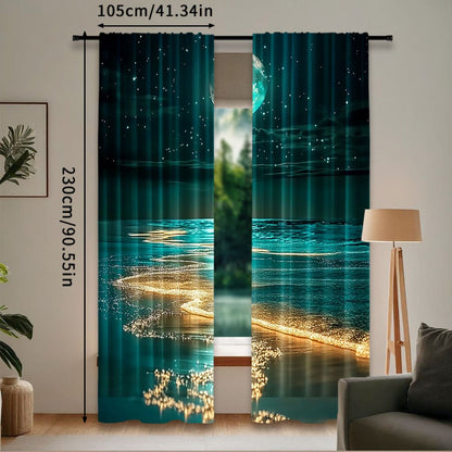 Modern Moonlit Beach Scene Blackout Curtains - 2Pcs Set, Polyester material, Rod Pocket Hanging, Machine Washable, Landscape Theme - available in three sizes: 75.01x165.99cm, 105.0x230.0cm