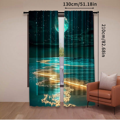 Modern Moonlit Beach Scene Blackout Curtains - 2Pcs Set, Polyester material, Rod Pocket Hanging, Machine Washable, Landscape Theme - available in three sizes: 75.01x165.99cm, 105.0x230.0cm