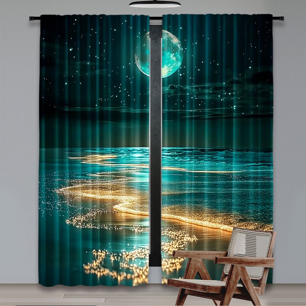 Modern Moonlit Beach Scene Blackout Curtains - 2Pcs Set, Polyester material, Rod Pocket Hanging, Machine Washable, Landscape Theme - available in three sizes: 75.01x165.99cm, 105.0x230.0cm