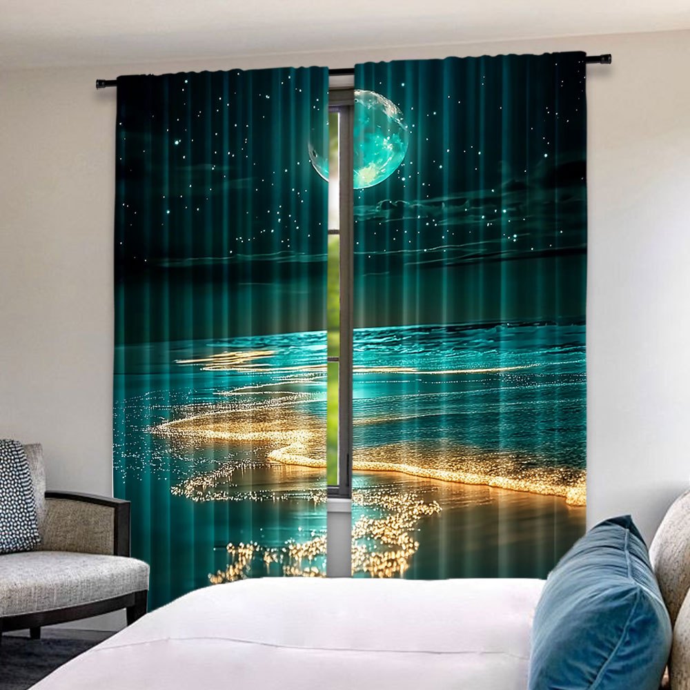 Modern Moonlit Beach Scene Blackout Curtains - 2Pcs Set, Polyester material, Rod Pocket Hanging, Machine Washable, Landscape Theme - available in three sizes: 75.01x165.99cm, 105.0x230.0cm