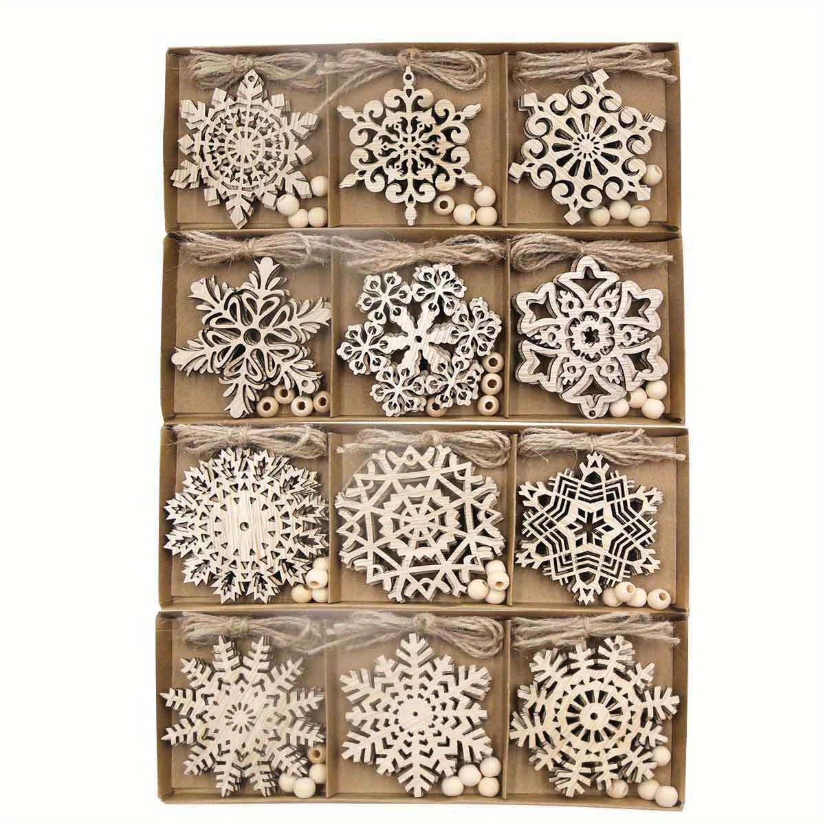 12 vintage wooden snowflake ornaments for DIY Christmas tree decoration with hollowed design for festive home and party decor.