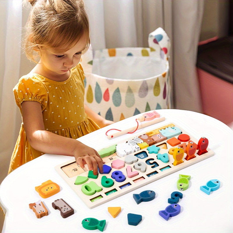 Colorful wooden toy for youngsters with shape & number recognition, animal assembly, fishing skills. Perfect educational gift for ages 0+.