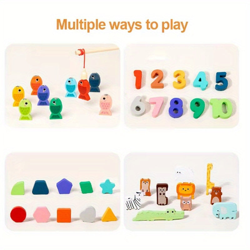 Colorful wooden toy for youngsters with shape & number recognition, animal assembly, fishing skills. Perfect educational gift for ages 0+.