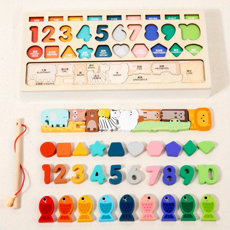 Colorful wooden toy for youngsters with shape & number recognition, animal assembly, fishing skills. Perfect educational gift for ages 0+.