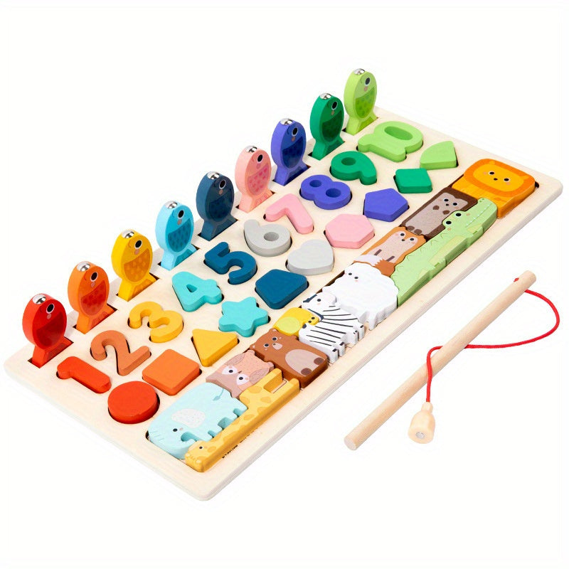 Colorful wooden toy for youngsters with shape & number recognition, animal assembly, fishing skills. Perfect educational gift for ages 0+.