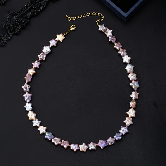 Elegant Baroque Freshwater Pearl Necklace - Stunning Star-Shaped Multi-Color Aurora Design, Natural Irregular Pearls, Ideal for Special Occasions, Getaways, and Thoughtful Valentine's Day Present, Comes with a Gorgeous Gift Box