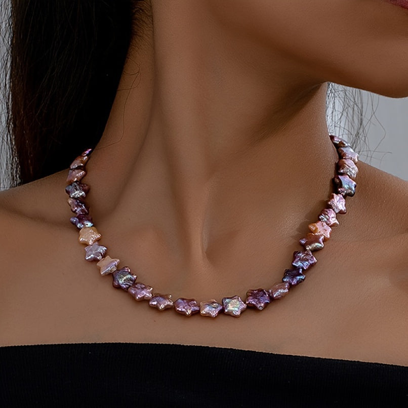 Elegant Baroque Freshwater Pearl Necklace - Stunning Star-Shaped Multi-Color Aurora Design, Natural Irregular Pearls, Ideal for Special Occasions, Getaways, and Thoughtful Valentine's Day Present, Comes with a Gorgeous Gift Box