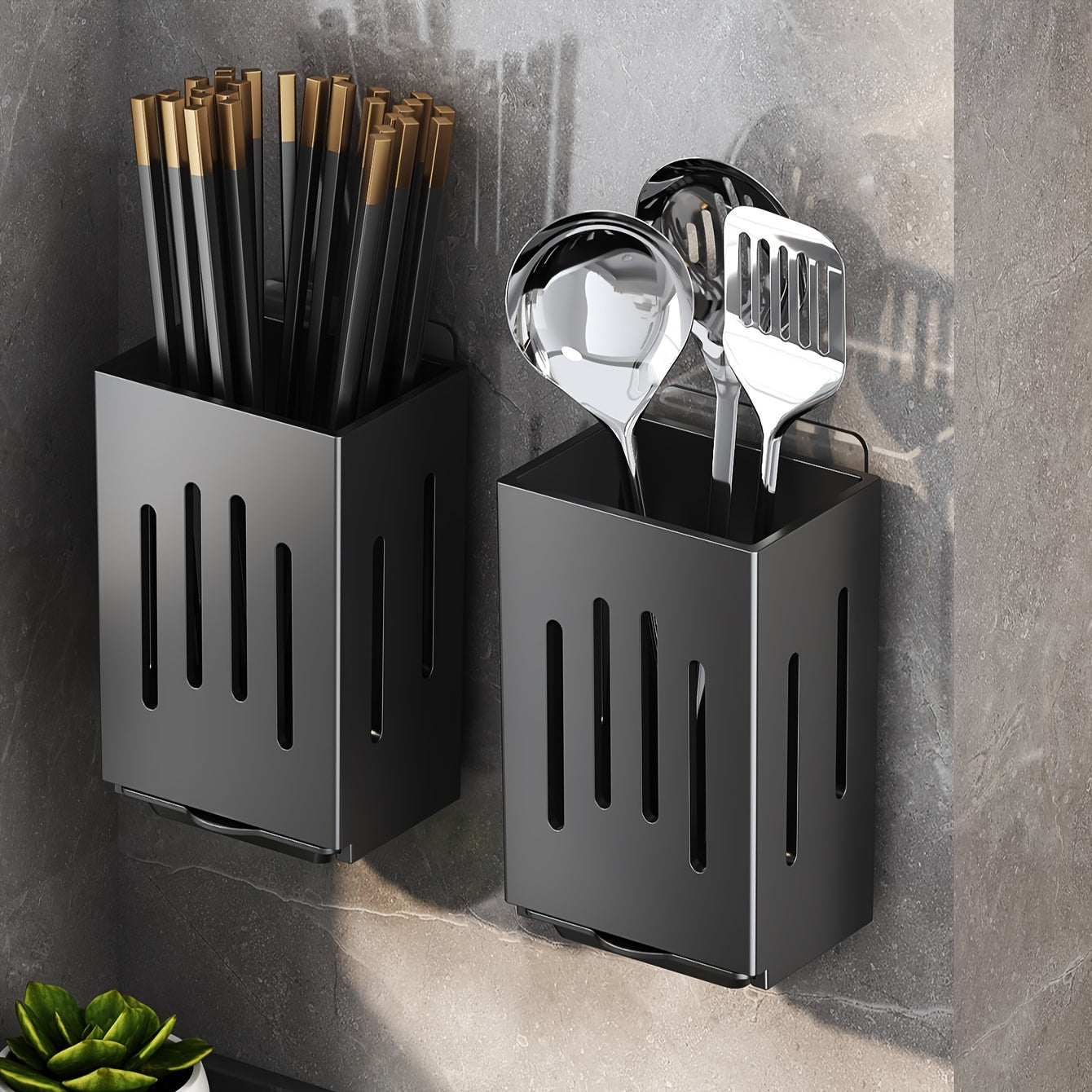 2pcs WONGIRL Kitchen Organizer - Durable plastic holder for utensils, chopsticks, and flatware, can be wall-mounted or freestanding