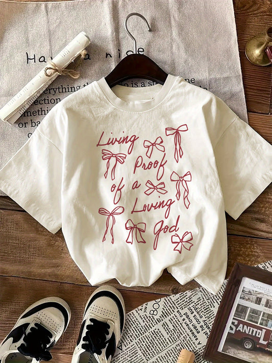 Unisex cotton crew neck t-shirt with 'Living Proof of a Loving God' alphabet and bow print design, suitable for all seasons.