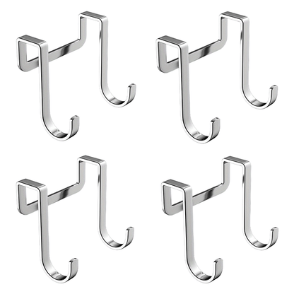 Set of 4 rustproof stainless steel double S hooks for easy wall mounting in kitchen or bathroom cabinets for storage.