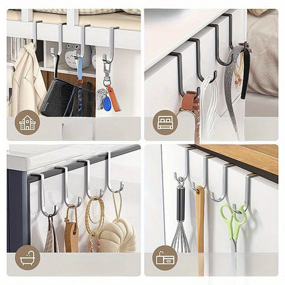 Set of 4 rustproof stainless steel double S hooks for easy wall mounting in kitchen or bathroom cabinets for storage.