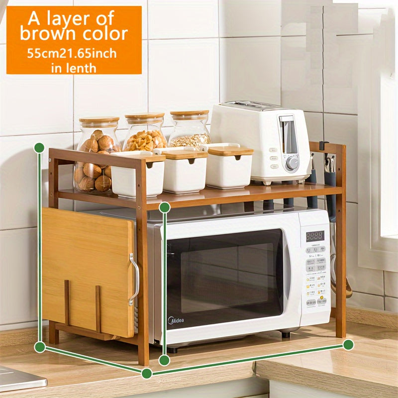 Home kitchen set featuring an adjustable bamboo organizer for microwave and spice rack.