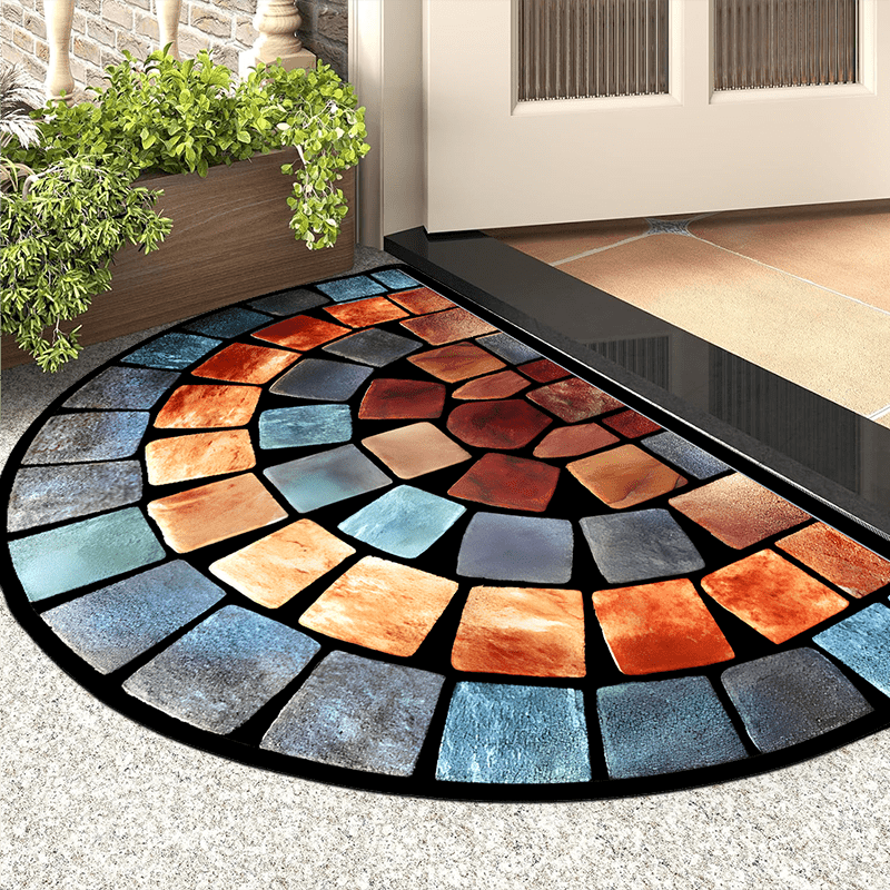 Polyester geometric door mat with non-slip backing, suitable for indoor use in home decor, porch, or living room. Soft, thick, and hand washable.