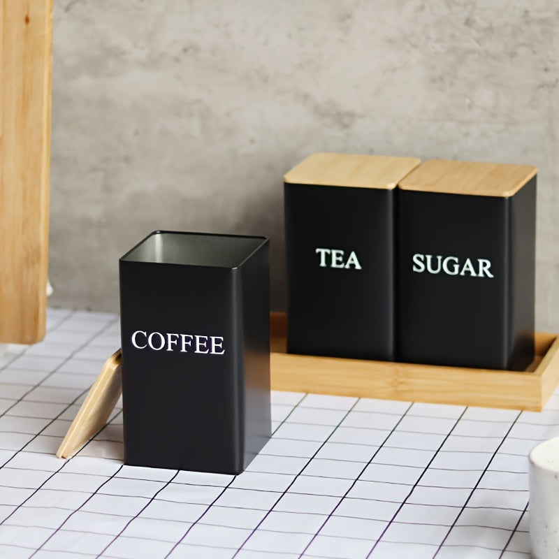 Chic Square Iron Tea Canister with Bamboo Lid - Elegant Storage Container for Coffee, Tea & Sugar - Ideal Pantry Storage Solution