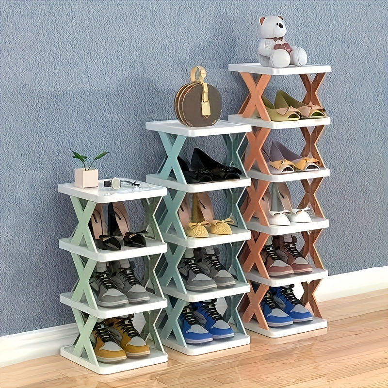 Foldable Plastic Shoe Rack with 2 Tiers - Conveniently Saves Space, Easy to Detach for Entryways, Bedrooms, Living Rooms, Dorms, Hallways, and Home Organization.