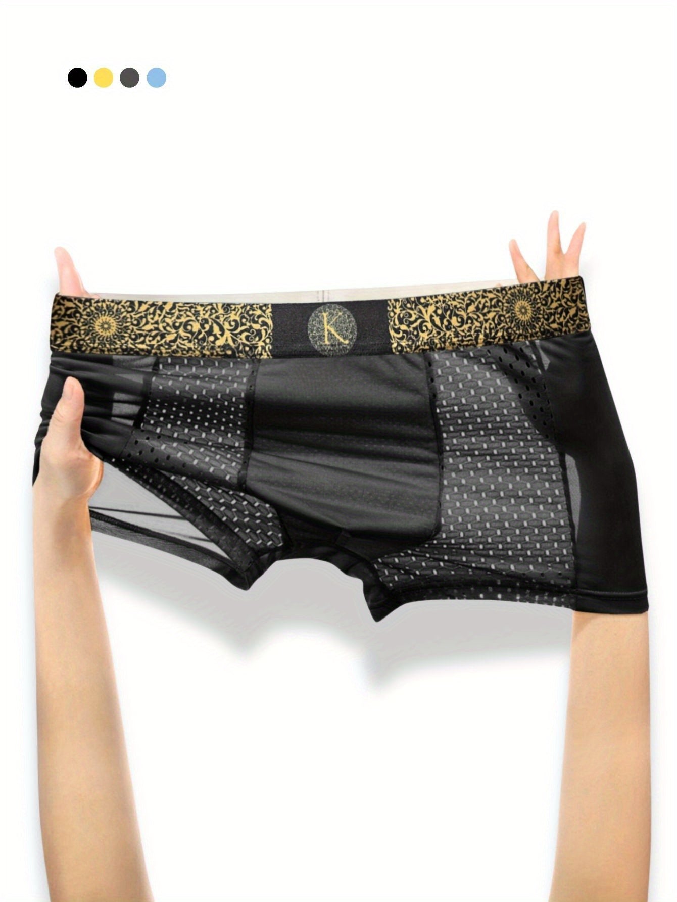 Men's luxury baroque style boxer shorts in black, dark gray, light gray, and sky blue.