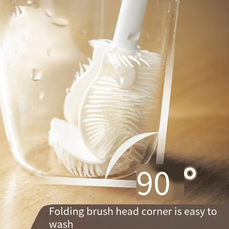 The 2024 Upgraded Long Handle Folding Cup Brush features soft silicone bristles, perfect for cleaning water bottles, crevices, and walls. This versatile brush is ideal for use in the kitchen, living room, and bathroom. It is a manual, plastic household