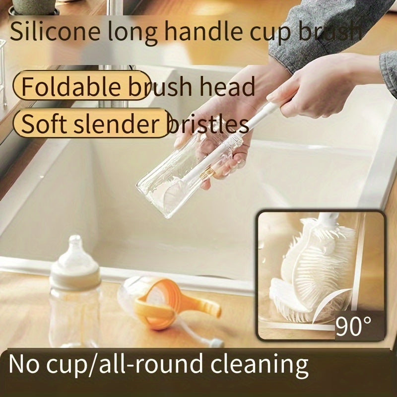 The 2024 Upgraded Long Handle Folding Cup Brush features soft silicone bristles, perfect for cleaning water bottles, crevices, and walls. This versatile brush is ideal for use in the kitchen, living room, and bathroom. It is a manual, plastic household